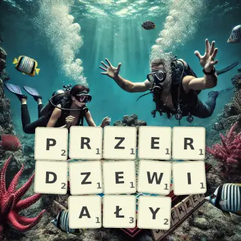 Kreatywna ilustracja do gry w Scrabble ze słowem PRZERDZEWIAŁY ułożonym z płytek na planszy.