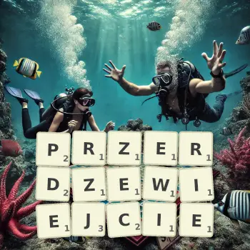 Kreatywna ilustracja do gry w Scrabble ze słowem PRZERDZEWIEJCIE ułożonym z płytek na planszy.