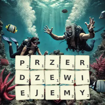 Kreatywna ilustracja do gry w Scrabble ze słowem PRZERDZEWIEJEMY ułożonym z płytek na planszy.