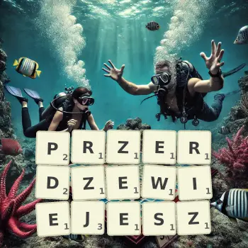 Kreatywna ilustracja do gry w Scrabble ze słowem PRZERDZEWIEJESZ ułożonym z płytek na planszy.