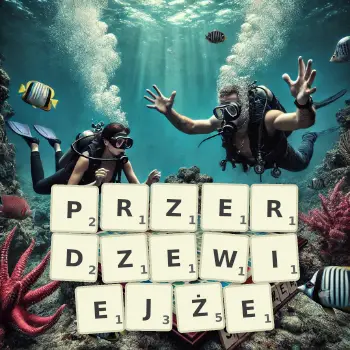 Kreatywna ilustracja do gry w Scrabble ze słowem PRZERDZEWIEJŻE ułożonym z płytek na planszy.