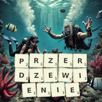 Kreatywna ilustracja do gry w Scrabble ze słowem PRZERDZEWIENIE ułożonym z płytek na planszy.