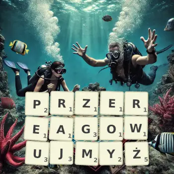 Kreatywna ilustracja do gry w Scrabble ze słowem PRZEREAGOWUJMYŻ ułożonym z płytek na planszy.
