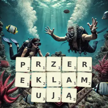 Kreatywna ilustracja do gry w Scrabble ze słowem PRZEREKLAMUJĄ ułożonym z płytek na planszy.