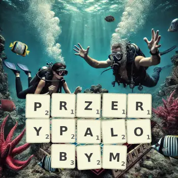 Kreatywna ilustracja do gry w Scrabble ze słowem PRZERYPALOBYM ułożonym z płytek na planszy.