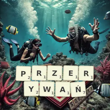 Kreatywna ilustracja do gry w Scrabble ze słowem PRZERYWAŃ ułożonym z płytek na planszy.
