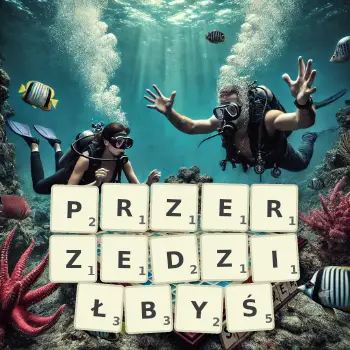 Kreatywna ilustracja do gry w Scrabble ze słowem PRZERZEDZIŁBYŚ ułożonym z płytek na planszy.