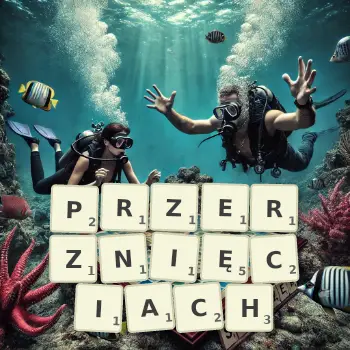 Kreatywna ilustracja do gry w Scrabble ze słowem PRZERZNIĘCIACH ułożonym z płytek na planszy.