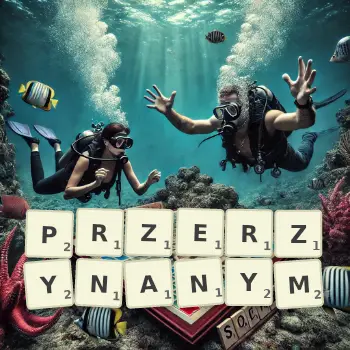 Kreatywna ilustracja do gry w Scrabble ze słowem PRZERZYNANYM ułożonym z płytek na planszy.