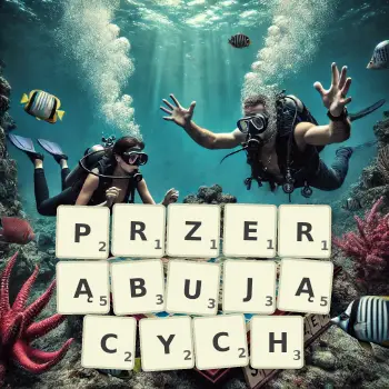 Kreatywna ilustracja do gry w Scrabble ze słowem PRZERĄBUJĄCYCH ułożonym z płytek na planszy.