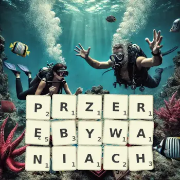 Kreatywna ilustracja do gry w Scrabble ze słowem PRZERĘBYWANIACH ułożonym z płytek na planszy.
