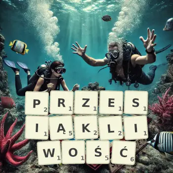 Kreatywna ilustracja do gry w Scrabble ze słowem PRZESIĄKLIWOŚĆ ułożonym z płytek na planszy.