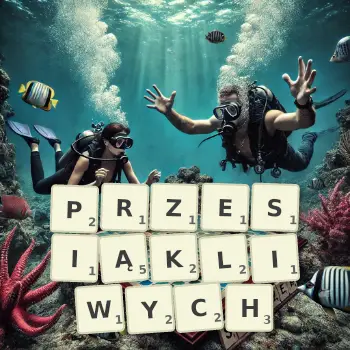 Kreatywna ilustracja do gry w Scrabble ze słowem PRZESIĄKLIWYCH ułożonym z płytek na planszy.