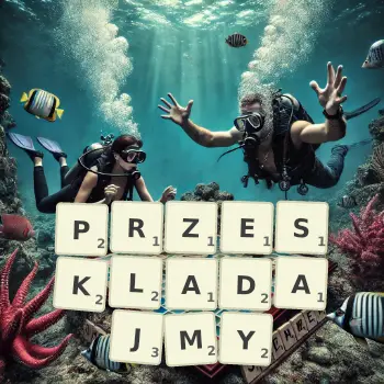 Kreatywna ilustracja do gry w Scrabble ze słowem PRZESKLADAJMY ułożonym z płytek na planszy.