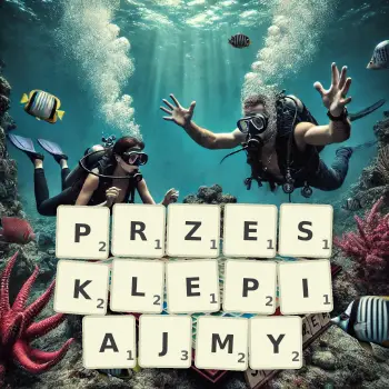 Kreatywna ilustracja do gry w Scrabble ze słowem PRZESKLEPIAJMY ułożonym z płytek na planszy.