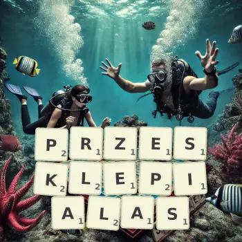 Kreatywna ilustracja do gry w Scrabble ze słowem PRZESKLEPIALAS ułożonym z płytek na planszy.