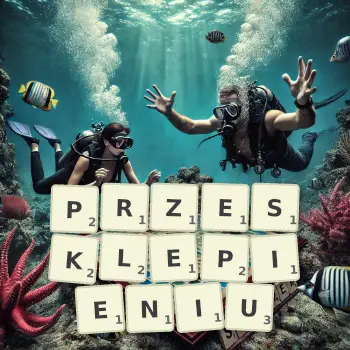 Kreatywna ilustracja do gry w Scrabble ze słowem PRZESKLEPIENIU ułożonym z płytek na planszy.