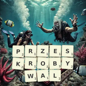 Kreatywna ilustracja do gry w Scrabble ze słowem PRZESKROBYWAL ułożonym z płytek na planszy.