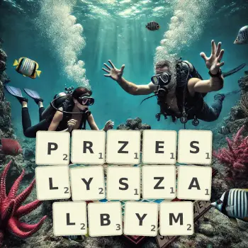 Kreatywna ilustracja do gry w Scrabble ze słowem PRZESLYSZALBYM ułożonym z płytek na planszy.