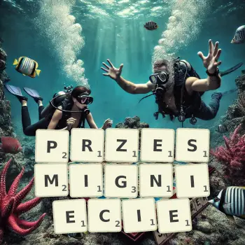 Kreatywna ilustracja do gry w Scrabble ze słowem PRZESMIGNIECIE ułożonym z płytek na planszy.