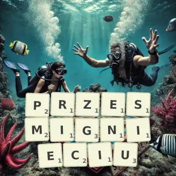 Kreatywna ilustracja do gry w Scrabble ze słowem PRZESMIGNIECIU ułożonym z płytek na planszy.