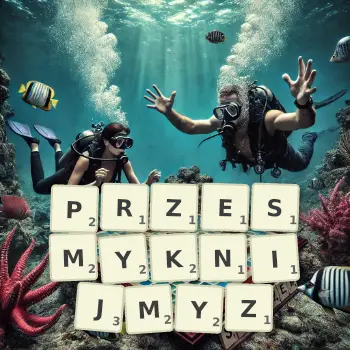 Kreatywna ilustracja do gry w Scrabble ze słowem PRZESMYKNIJMYZ ułożonym z płytek na planszy.
