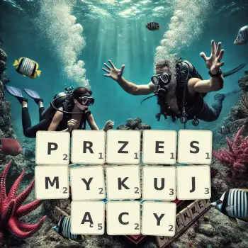 Kreatywna ilustracja do gry w Scrabble ze słowem PRZESMYKUJĄCY ułożonym z płytek na planszy.