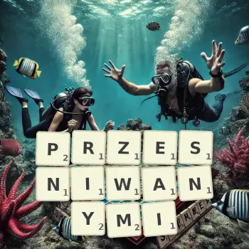 Kreatywna ilustracja do gry w Scrabble ze słowem PRZESNIWANYMI ułożonym z płytek na planszy.