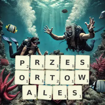 Kreatywna ilustracja do gry w Scrabble ze słowem PRZESORTOWALES ułożonym z płytek na planszy.