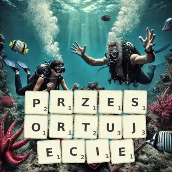 Kreatywna ilustracja do gry w Scrabble ze słowem PRZESORTUJECIE ułożonym z płytek na planszy.