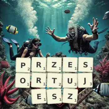 Kreatywna ilustracja do gry w Scrabble ze słowem PRZESORTUJESZ ułożonym z płytek na planszy.