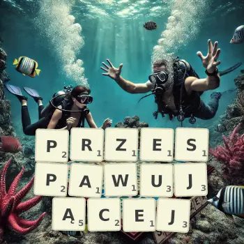 Kreatywna ilustracja do gry w Scrabble ze słowem PRZESPAWUJĄCEJ ułożonym z płytek na planszy.