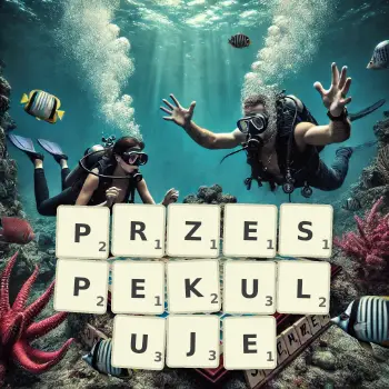 Kreatywna ilustracja do gry w Scrabble ze słowem PRZESPEKULUJE ułożonym z płytek na planszy.