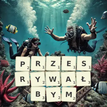 Kreatywna ilustracja do gry w Scrabble ze słowem PRZESRYWAŁBYM ułożonym z płytek na planszy.