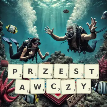 Kreatywna ilustracja do gry w Scrabble ze słowem PRZESTAWCZY ułożonym z płytek na planszy.