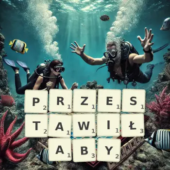 Kreatywna ilustracja do gry w Scrabble ze słowem PRZESTAWIŁABY ułożonym z płytek na planszy.