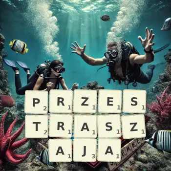 Kreatywna ilustracja do gry w Scrabble ze słowem PRZESTRASZAJA ułożonym z płytek na planszy.