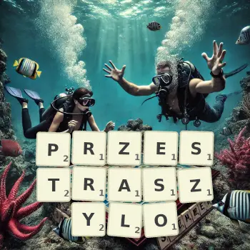 Kreatywna ilustracja do gry w Scrabble ze słowem PRZESTRASZYLO ułożonym z płytek na planszy.