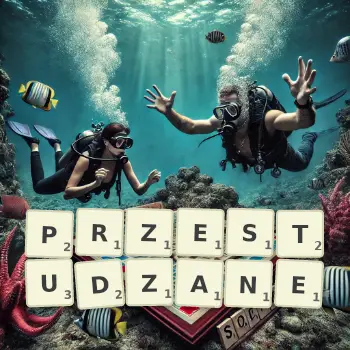 Kreatywna ilustracja do gry w Scrabble ze słowem PRZESTUDZANE ułożonym z płytek na planszy.