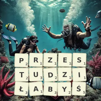 Kreatywna ilustracja do gry w Scrabble ze słowem PRZESTUDZIŁABYŚ ułożonym z płytek na planszy.