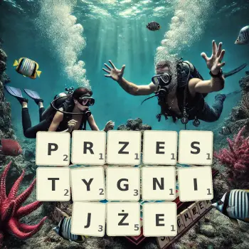 Kreatywna ilustracja do gry w Scrabble ze słowem PRZESTYGNIJŻE ułożonym z płytek na planszy.