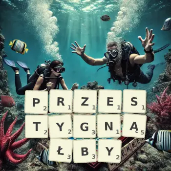 Kreatywna ilustracja do gry w Scrabble ze słowem PRZESTYGNĄŁBY ułożonym z płytek na planszy.