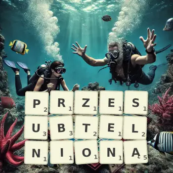 Kreatywna ilustracja do gry w Scrabble ze słowem PRZESUBTELNIONĄ ułożonym z płytek na planszy.