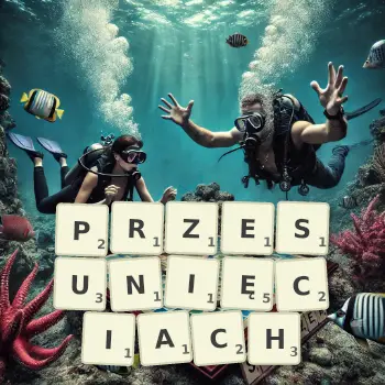 Kreatywna ilustracja do gry w Scrabble ze słowem PRZESUNIĘCIACH ułożonym z płytek na planszy.