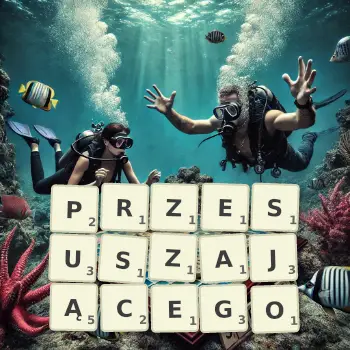 Kreatywna ilustracja do gry w Scrabble ze słowem PRZESUSZAJĄCEGO ułożonym z płytek na planszy.