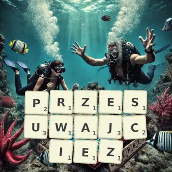 Kreatywna ilustracja do gry w Scrabble ze słowem PRZESUWAJCIEZ ułożonym z płytek na planszy.