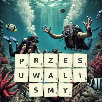 Kreatywna ilustracja do gry w Scrabble ze słowem PRZESUWALIŚMY ułożonym z płytek na planszy.