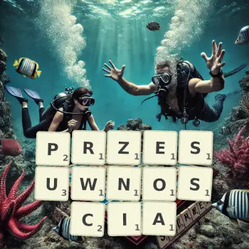 Kreatywna ilustracja do gry w Scrabble ze słowem PRZESUWNOSCIA ułożonym z płytek na planszy.