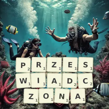 Kreatywna ilustracja do gry w Scrabble ze słowem PRZESWIADCZONA ułożonym z płytek na planszy.