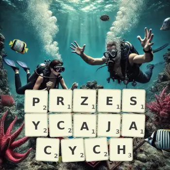Kreatywna ilustracja do gry w Scrabble ze słowem PRZESYCAJACYCH ułożonym z płytek na planszy.